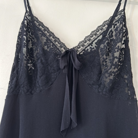 Cacique Black Sheer Lace Lingerie Nighty Woman 18/20 Bow Front Lettuce Hem Slip - Picture 4 of 12